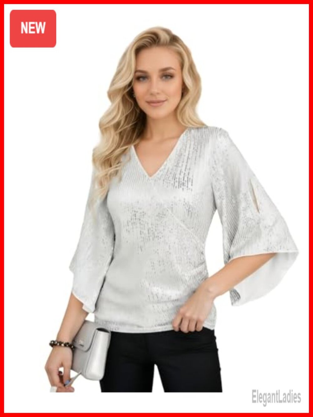 Sequin V-Neck Blouse 3/4 Bell Sleeves Sparkly Evening Party Top